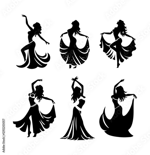 Set of minimalist silhouettes of women performing belly dance.