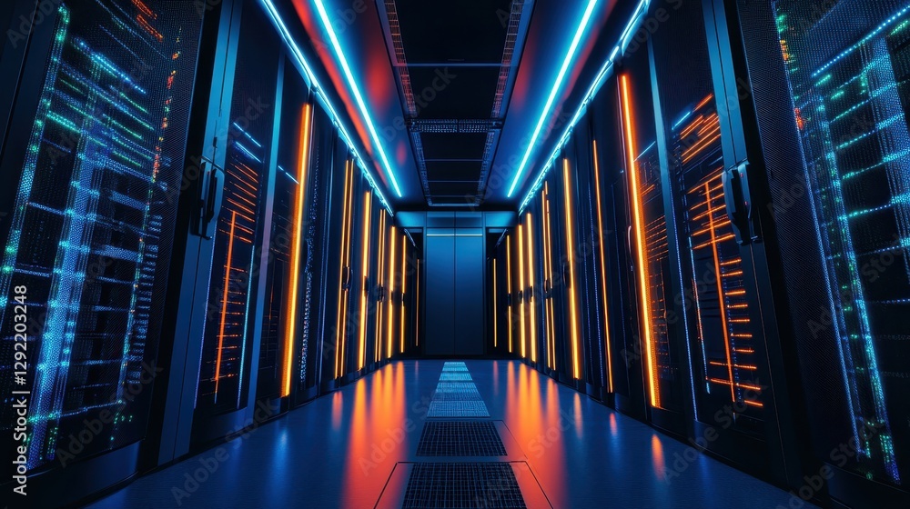 Fototapeta premium Sci-fi corridor with blue and orange neon lights, futuristic concept
