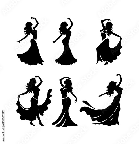 Set of minimalist silhouettes of women performing belly dance.