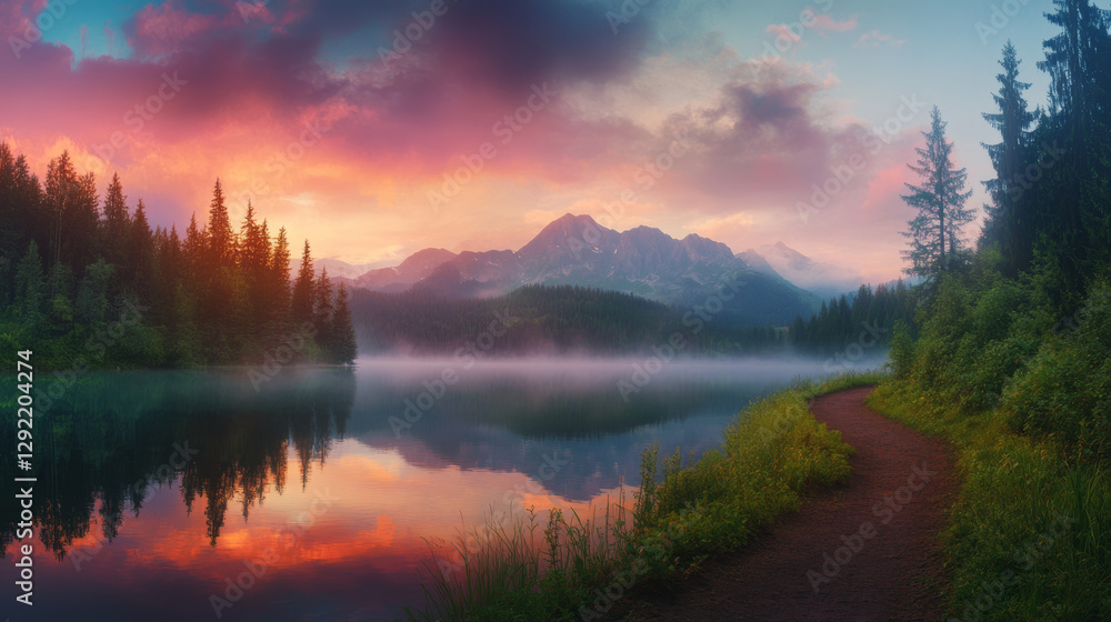 Scenic mountain lake at sunrise with mist over calm water, surrounded by evergreen trees and a winding dirt road, reflecting pink and orange hues in the sky Scenic mountain lake at sunrise with mist over calm water, surrounded by evergreen trees and a winding dirt road, reflecting pink and orange hues in the sky