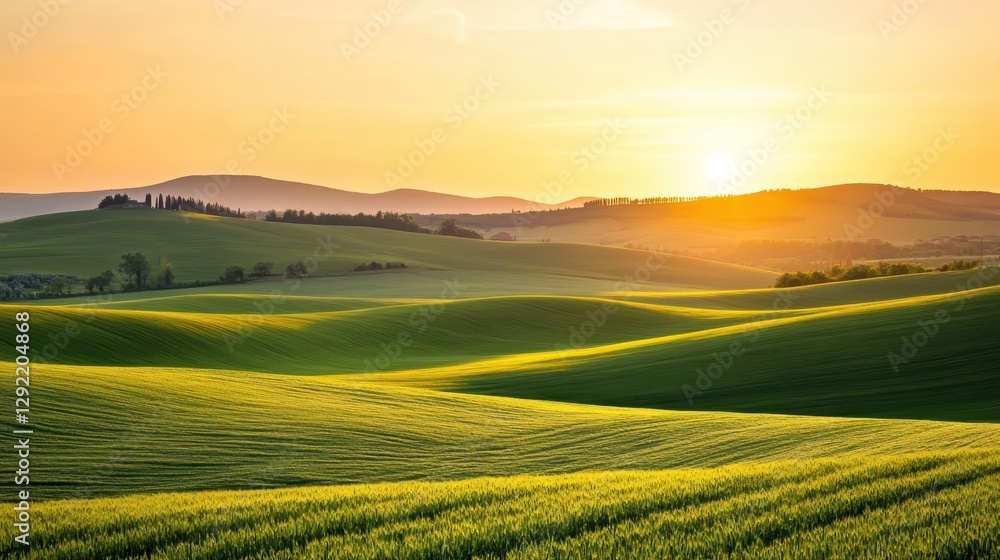 Obraz premium A breathtaking view of rolling farmland hills bathed in golden sunset light, showcasing the beauty of the rural landscape. 
