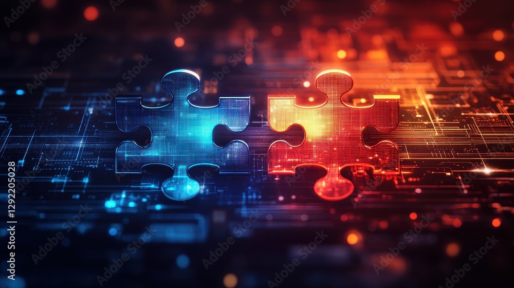 Obraz premium Two connected puzzle pieces on digital circuit board background with red and blue glow