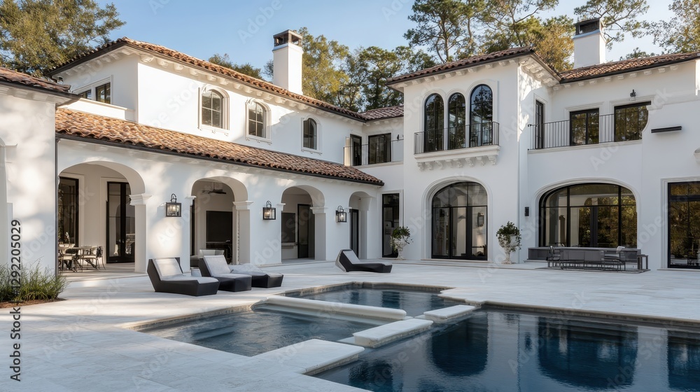 Fototapeta premium Luxury Mediterranean Villa with a Swimming Pool and Palm Trees