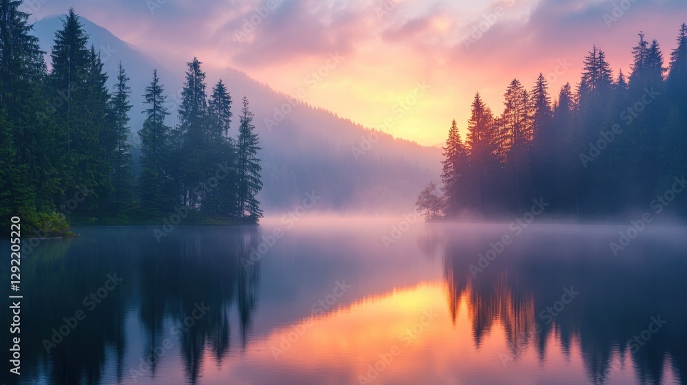Fototapeta premium Serene mountain lake at sunrise with mist and reflective water
