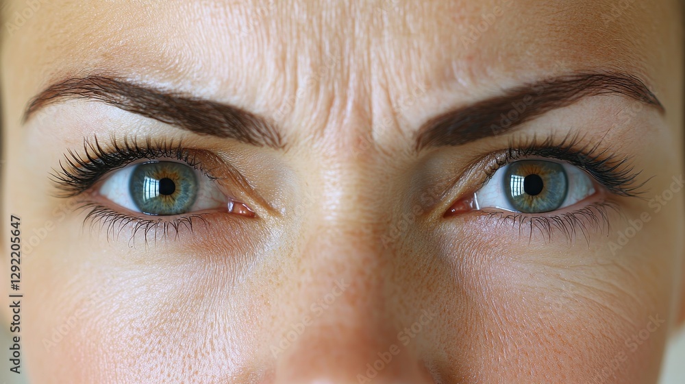 Fototapeta premium Close-up of caucasian female adult with intense blue eyes and freckled skin expression
