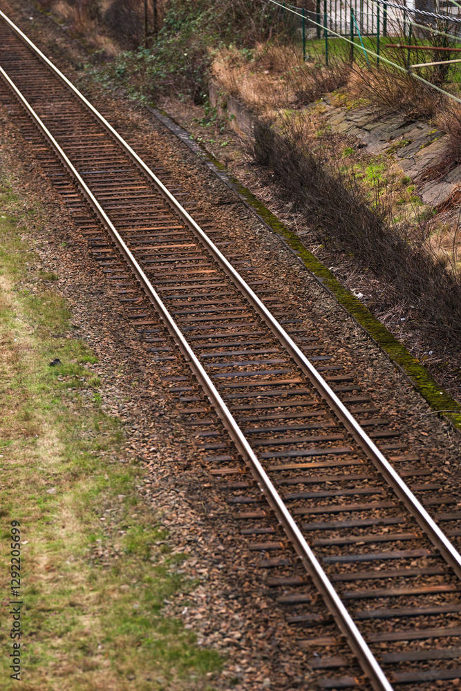 railroad tracks stretching into the distance with dry vegetation. railroad tracks stretching into the distance with dry vegetation.