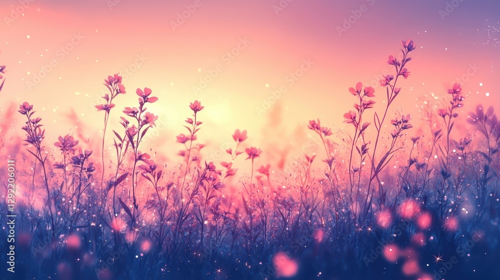 Magical twilight field with glowing flowers and sparkling lights at sunset Magical twilight field with glowing flowers and sparkling lights at sunset