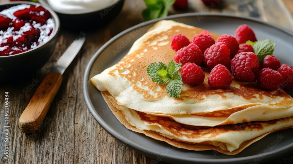 A delicious stack of homemade crepes topped with fresh berries, drizzled with raspberry jam, and served with white yogurt, celebrating Maslenitsa traditions.
A delicious stack of homemade crepes topped with fresh berries, drizzled with raspberry jam, and served with white yogurt, celebrating Maslenitsa traditions.