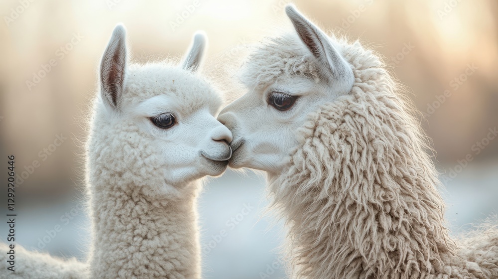 Fototapeta premium Adorable llama pair nuzzling in serene pasture