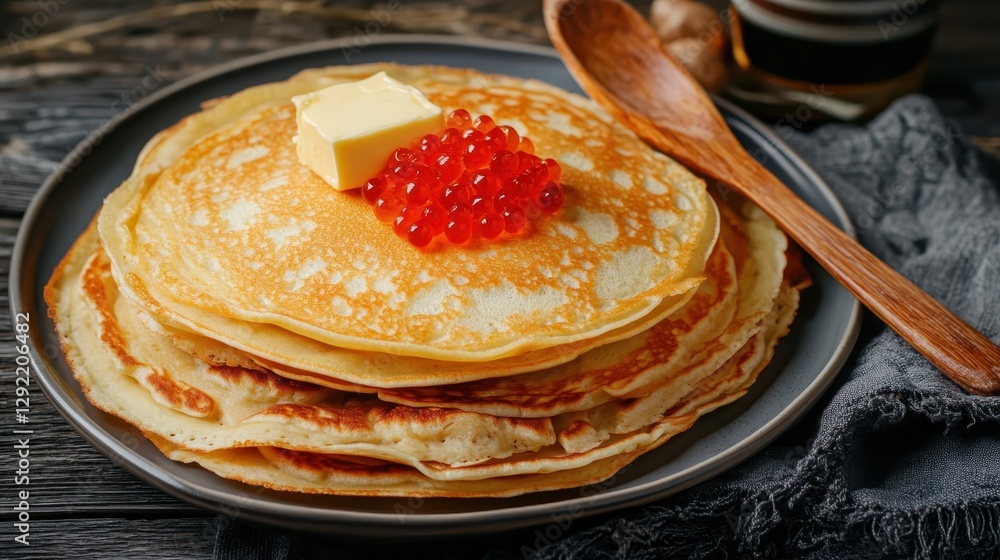 A stack of thin golden pancakes topped with red caviar and melting butter, served on a gray plate with a wooden spoon, celebrating Maslenitsa traditions.
A stack of thin golden pancakes topped with red caviar and melting butter, served on a gray plate with a wooden spoon, celebrating Maslenitsa traditions.