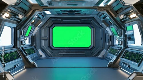 Futuristic spaceship interior featuring green screen monitors and windows, ideal for space travel visualizations