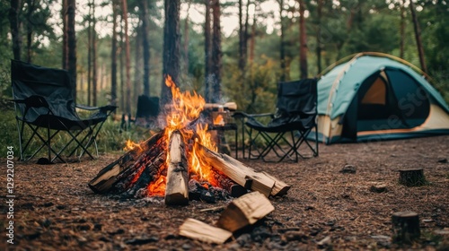 Burning firewood near chairs and camping tent in forest 