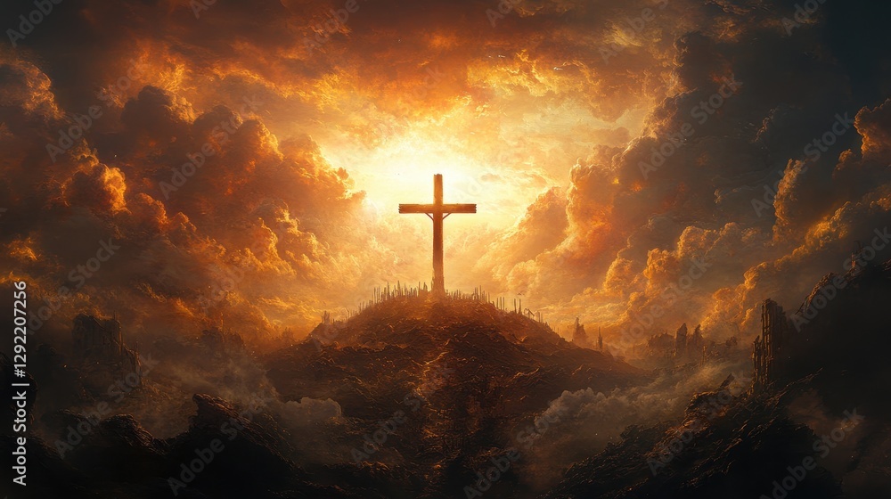 Fototapeta premium Dramatic sunset over mountain cross with glowing clouds and mystical landscape