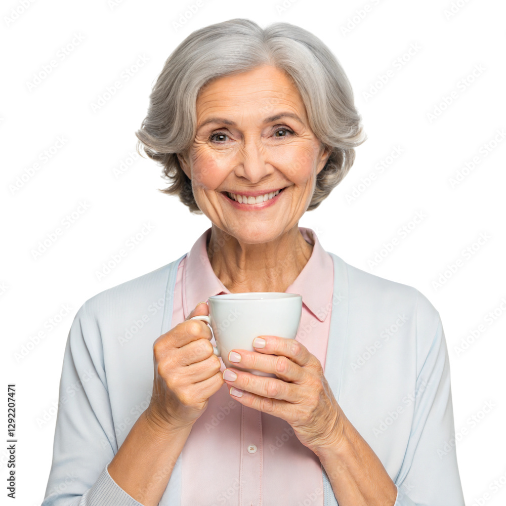 Senior woman holding a cup of tea home setting lifestyle image warm environment, isolated on white or transparent background Senior woman holding a cup of tea home setting lifestyle image warm environment, isolated on white or transparent background