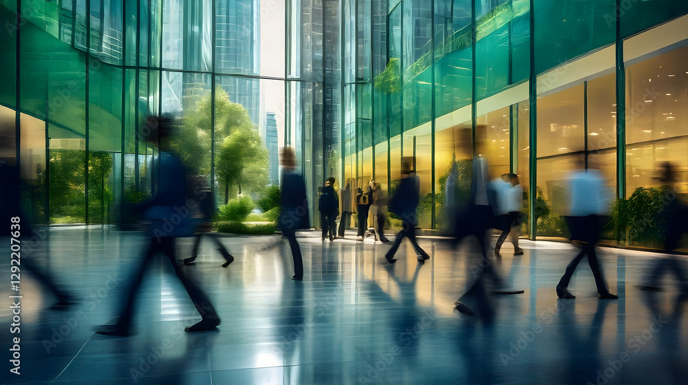 The concept of sustainability in business centers, crowds of business people walking at a corporate office in a green city downtown, abstract motion blur image with blurred background The concept of sustainability in business centers, crowds of business people walking at a corporate office in a green city downtown, abstract motion blur image with blurred background