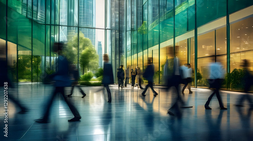 The concept of sustainability in business centers, crowds of business people walking at a corporate office in a green city downtown, abstract motion blur image with blurred background