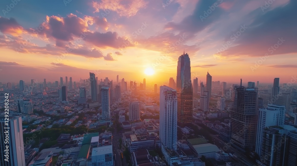 Fototapeta premium Time lapse of sunset in modern asian capital city as Bangkok. Drone camera fly above futuristic