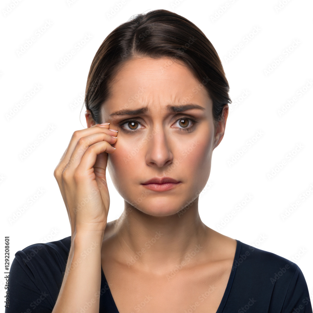 Woman expressing sadness indoor setting emotional portrait close-up view personal reflection, isolated on white or transparent background Woman expressing sadness indoor setting emotional portrait close-up view personal reflection, isolated on white or transparent background