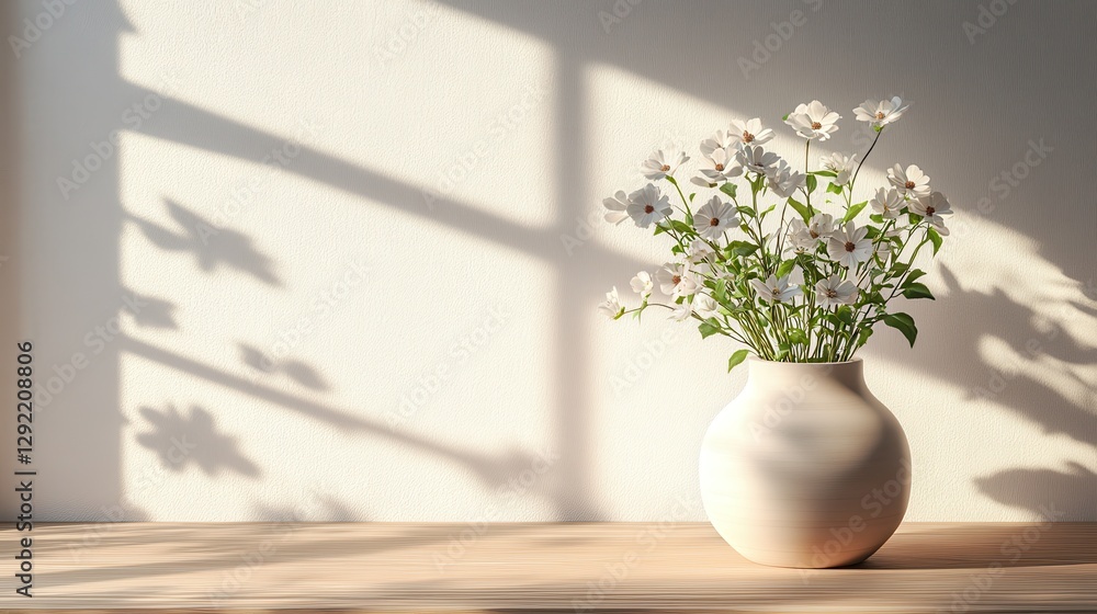 Fototapeta premium Sunlit white flowers in ceramic vase casting shadows on wooden table