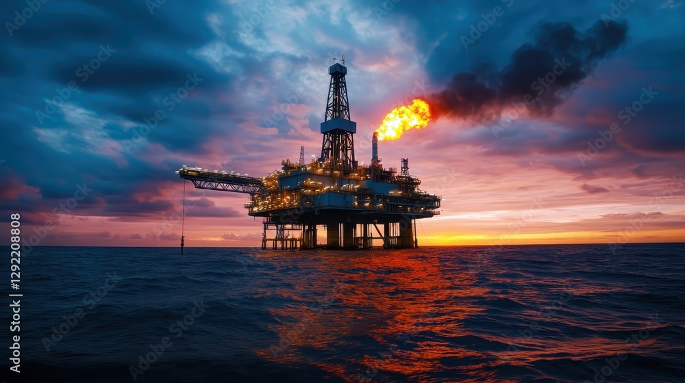 Offshore oil rig with burning flare at dusk, dramatic sky. Industrial energy and ocean resource extraction Offshore oil rig with burning flare at dusk, dramatic sky. Industrial energy and ocean resource extraction