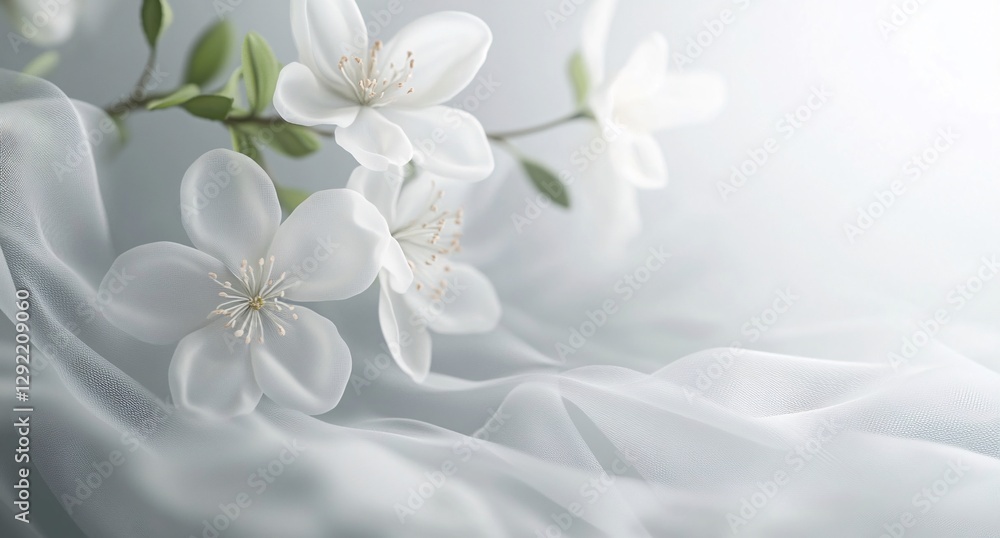 Fototapeta premium Elegant translucent white flowers with intricate details, soft ethereal floral background, artistic botanical illustration