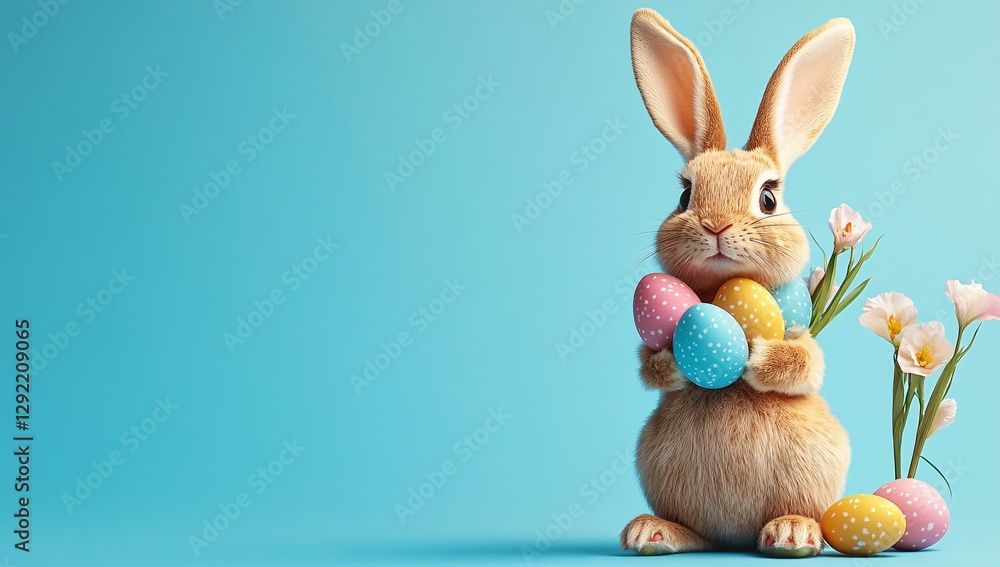 Fototapeta premium Cute Easter bunny holding pastel-colored Easter eggs on a light blue background, perfect for Easter-themed designs and decorations