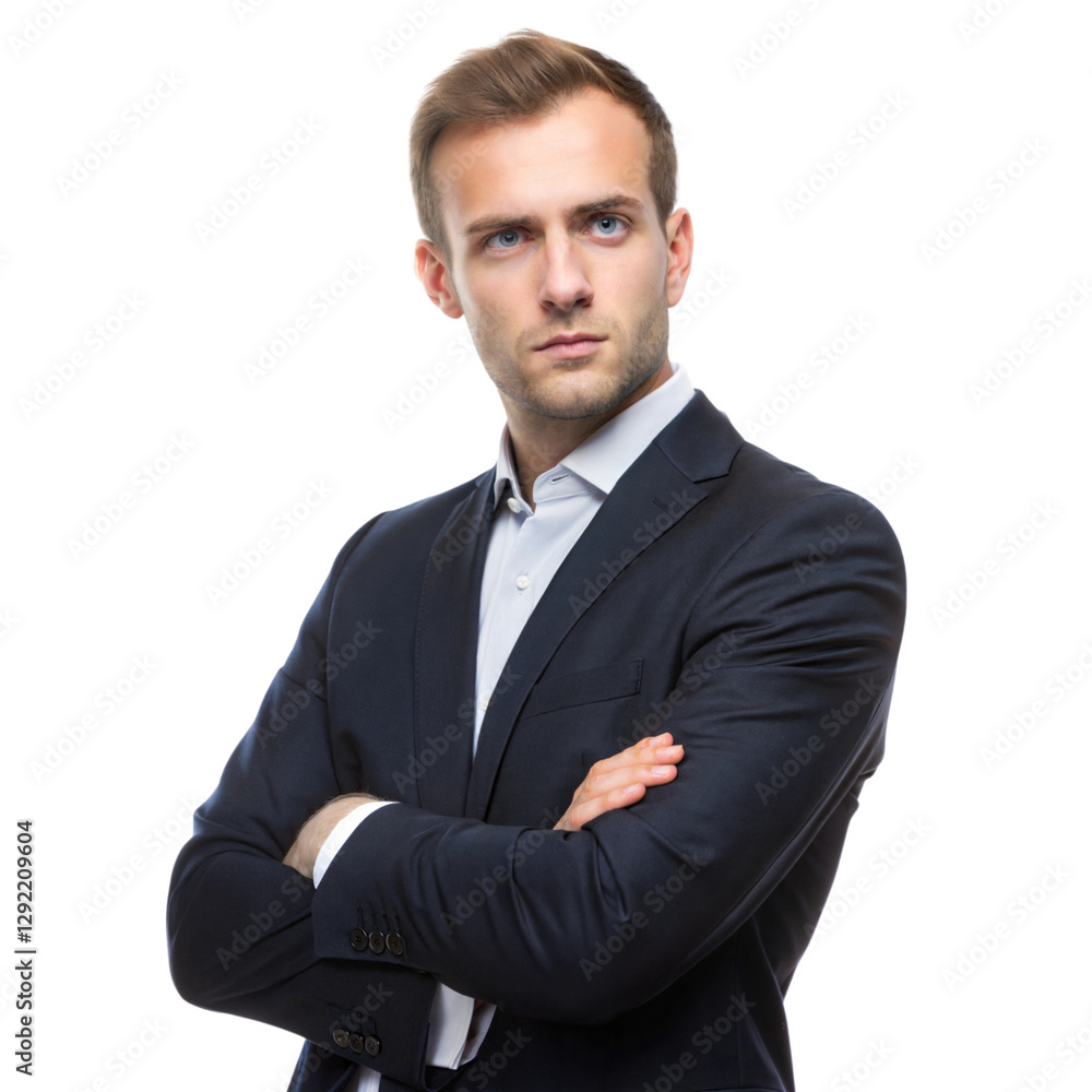 Determined young professional with folded arms studio portrait business environment confident view, isolated on white or transparent background Determined young professional with folded arms studio portrait business environment confident view, isolated on white or transparent background