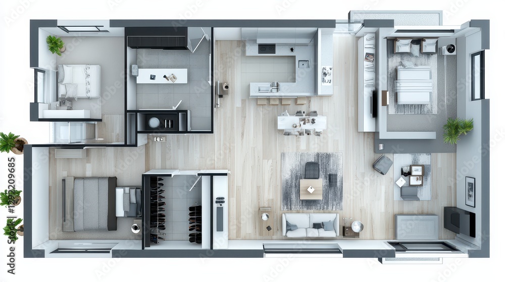 Modern open floor plan apartment layout with three bedrooms and minimalist design Modern open floor plan apartment layout with three bedrooms and minimalist design