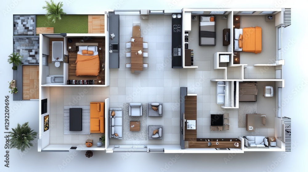 Modern open-concept apartment layout with three bedrooms and spacious living area Modern open-concept apartment layout with three bedrooms and spacious living area