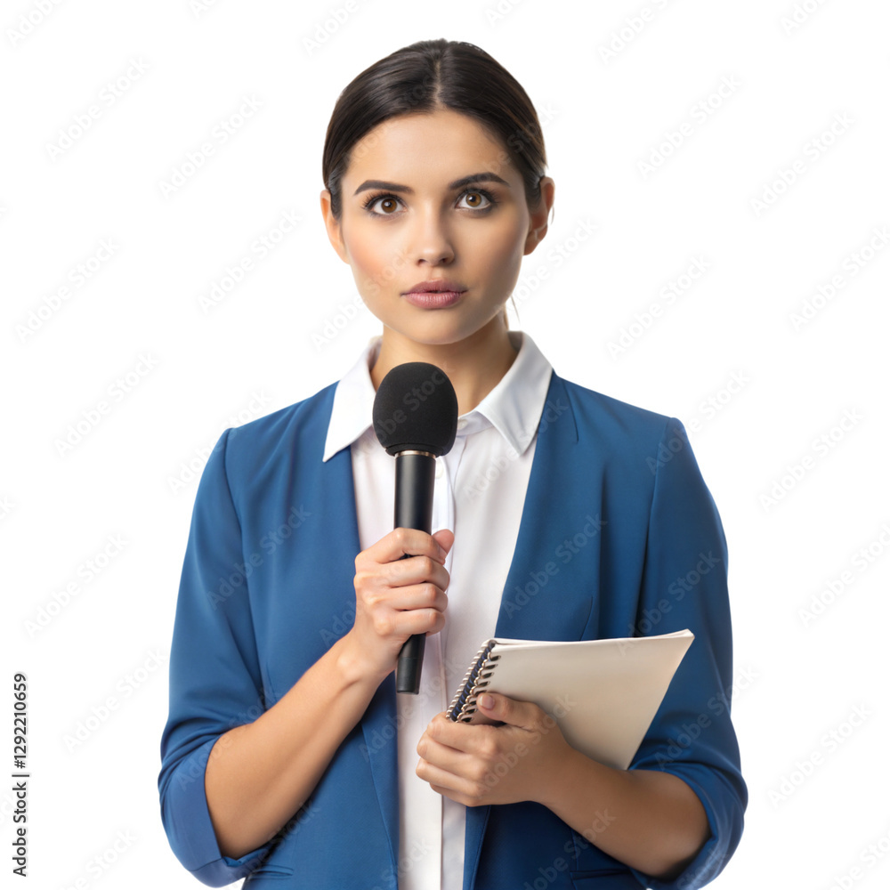 Young female journalist holding microphone at press conference indoor setting engaging topic, isolated on white or transparent background