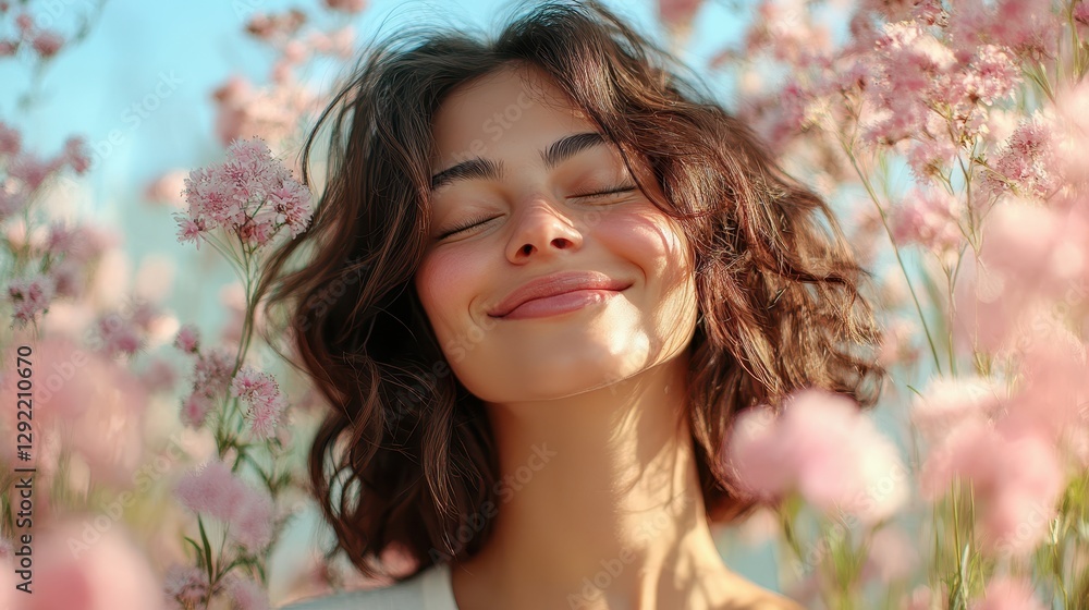 Young caucasian female smiling among pink flowers in sunlight Young caucasian female smiling among pink flowers in sunlight