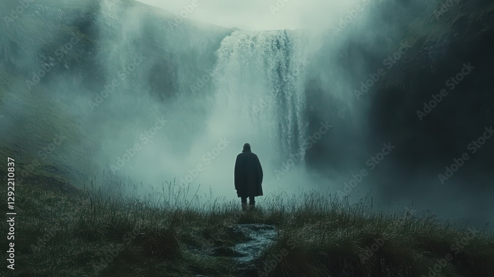 Fototapeta premium Solo figure amidst misty waterfall in serene nature landscape