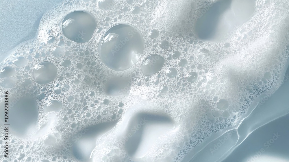 Soft white foam bubbles clustering in diverse sizes, generating textured pattern against light blue backdrop, suggesting cleanliness and gentle movement Soft white foam bubbles clustering in diverse sizes, generating textured pattern against light blue backdrop, suggesting cleanliness and gentle movement