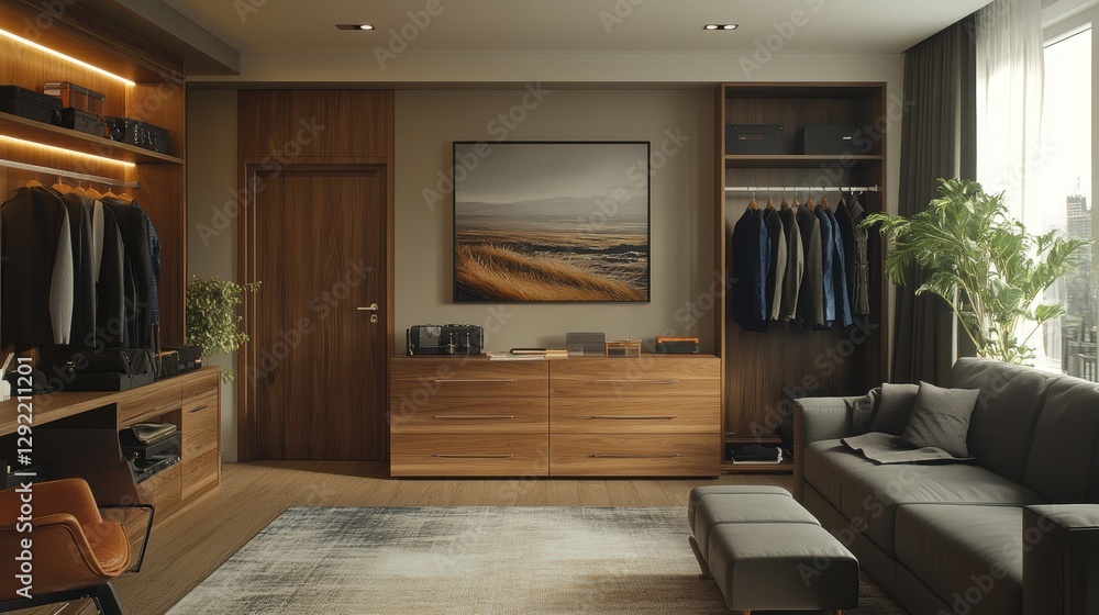 Fototapeta premium Modern elegant living room with wooden furniture and open wardrobe