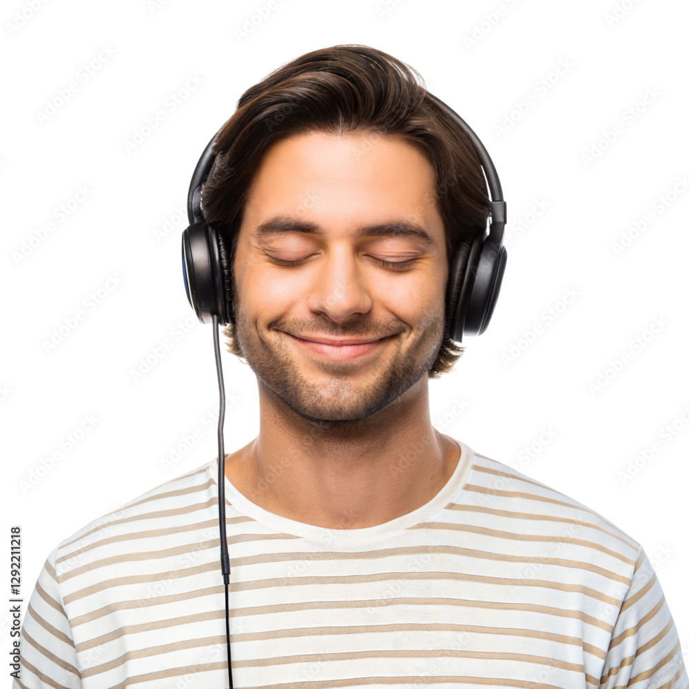 Young man enjoying music urban setting portrait photography relaxed atmosphere close-up view, isolated on white or transparent background Young man enjoying music urban setting portrait photography relaxed atmosphere close-up view, isolated on white or transparent background