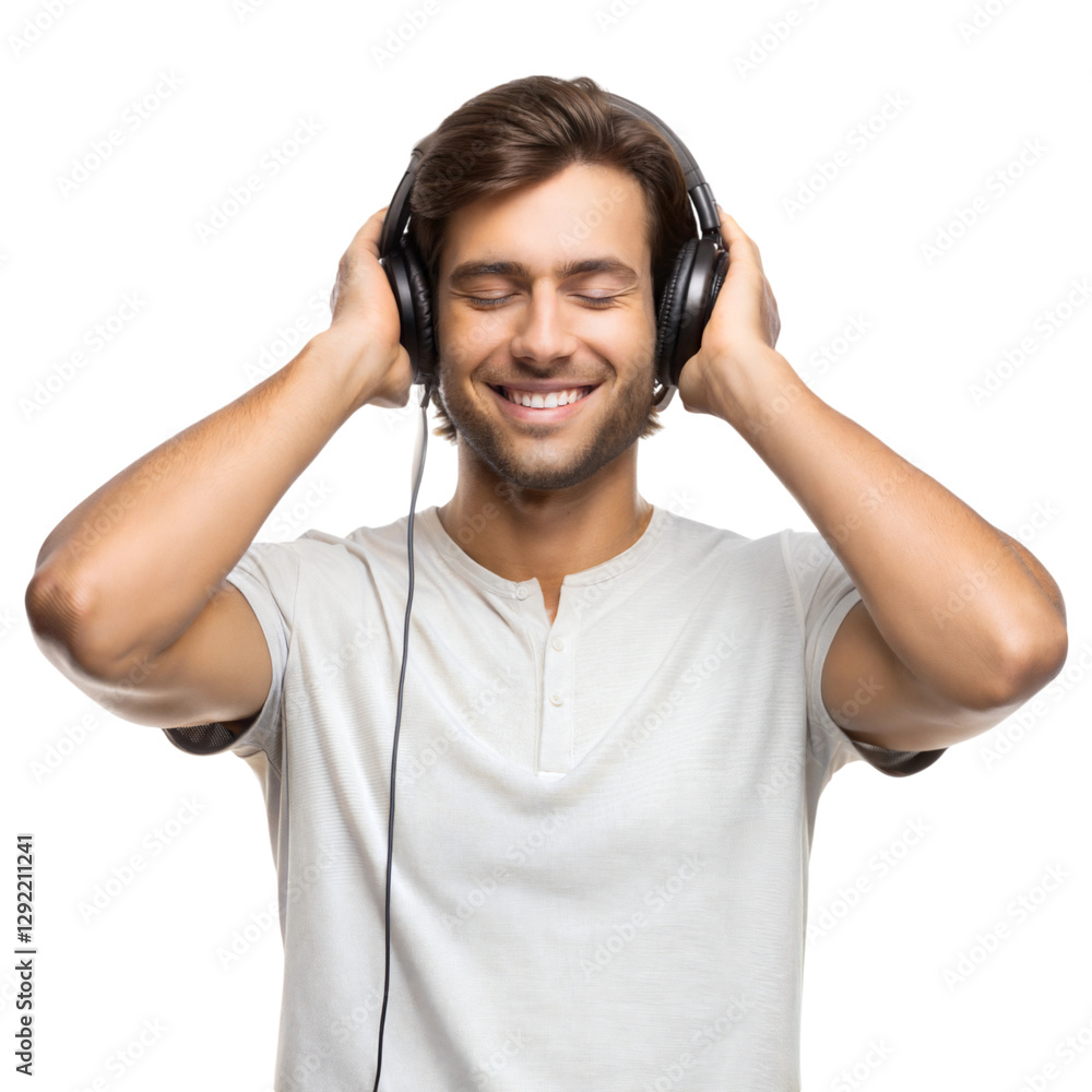 Young man enjoying music with headphones in relaxed setting indoor lifestyle close-up, isolated on white or transparent background Young man enjoying music with headphones in relaxed setting indoor lifestyle close-up, isolated on white or transparent background