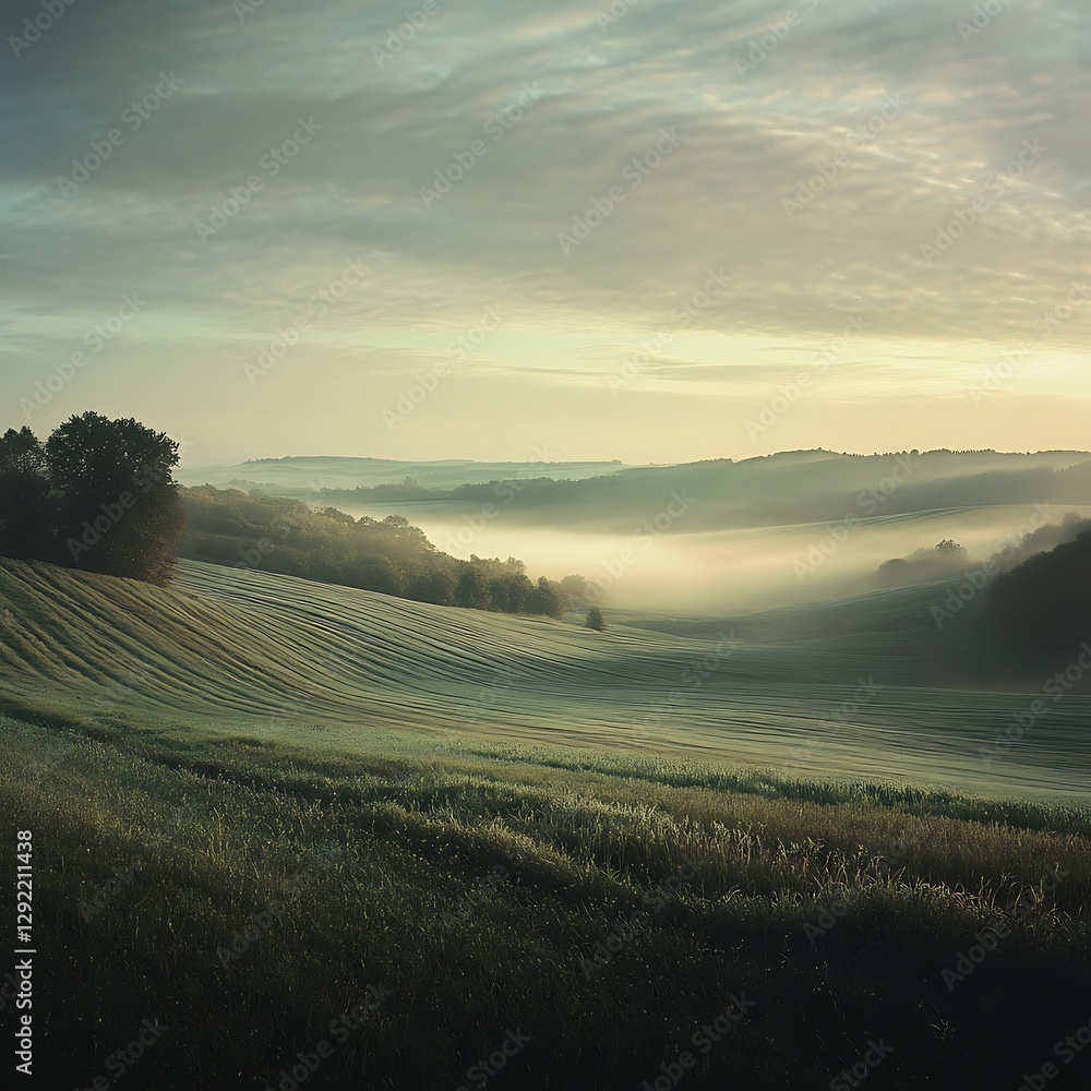 Fototapeta premium Rolling hills and morning fog in a serene landscape high resolution picture