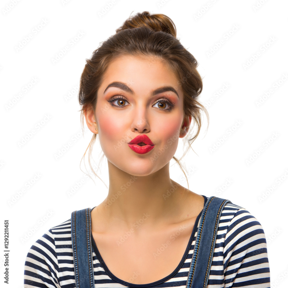 Playful kiss from a young woman portrait cheerful vibe, isolated on white or transparent background Playful kiss from a young woman portrait cheerful vibe, isolated on white or transparent background