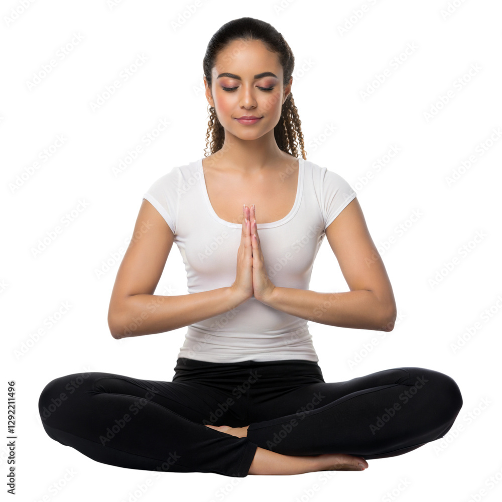Meditation practice by a young woman indoor space lifestyle photo calm environment close-up view, isolated on white or transparent background Meditation practice by a young woman indoor space lifestyle photo calm environment close-up view, isolated on white or transparent background