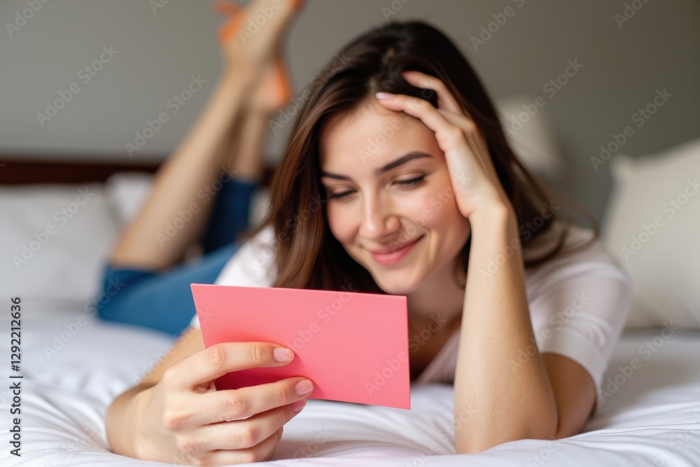 Young Woman in Casual Attire Relaxing on Bed while Reading a Pink Card, Exuding Happiness and Introspection in a Cozy Bedroom Setting Young Woman in Casual Attire Relaxing on Bed while Reading a Pink Card, Exuding Happiness and Introspection in a Cozy Bedroom Setting
