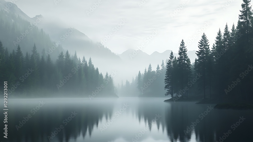Fototapeta premium Serene atmosphere of a misty lake in forest high resolution picture