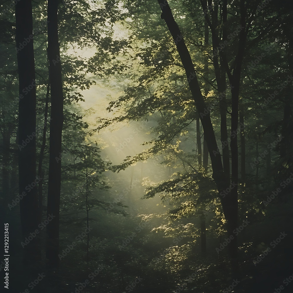Obraz premium Serene forest scene with sunrise through tall trees high resolution picture