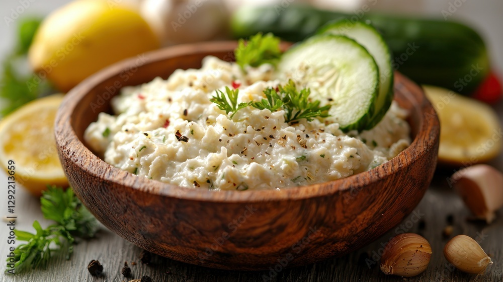 Creamy dip in wooden bowl with cucumber slices, surrounded by fresh ingredients Creamy dip in wooden bowl with cucumber slices, surrounded by fresh ingredients