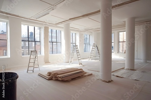 Construction workers renovating empty office space with ladders and materials