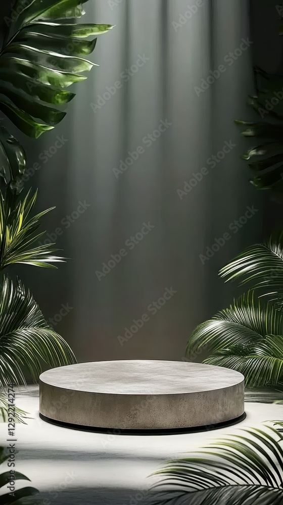Minimalist concrete podium encircled by lush tropical greenery and soft backlighting, presenting elegant product display with serene natural aesthetic for beauty marketing Minimalist concrete podium encircled by lush tropical greenery and soft backlighting, presenting elegant product display with serene natural aesthetic for beauty marketing