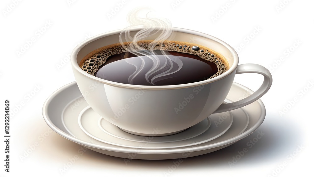Obraz premium a steaming cup of rich, dark coffee, with a slight vapor wafting upwards, resting on a saucer. Perfect for morning ritual and refreshment