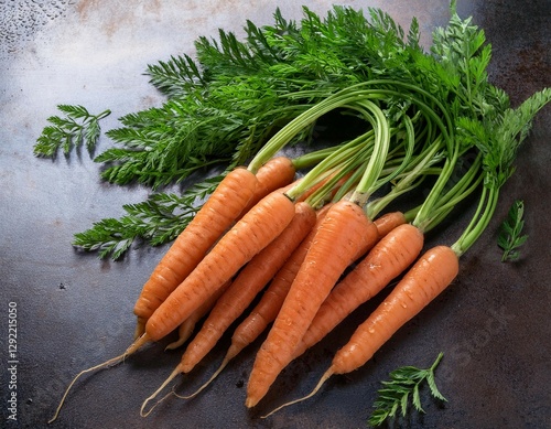 fresh carrots with green leave on a metal background