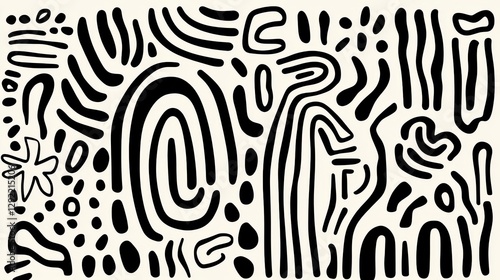 Black organic shapes forming abstract pattern against beige backdrop, generating contemporary graphic design with minimalist artistic aesthetic