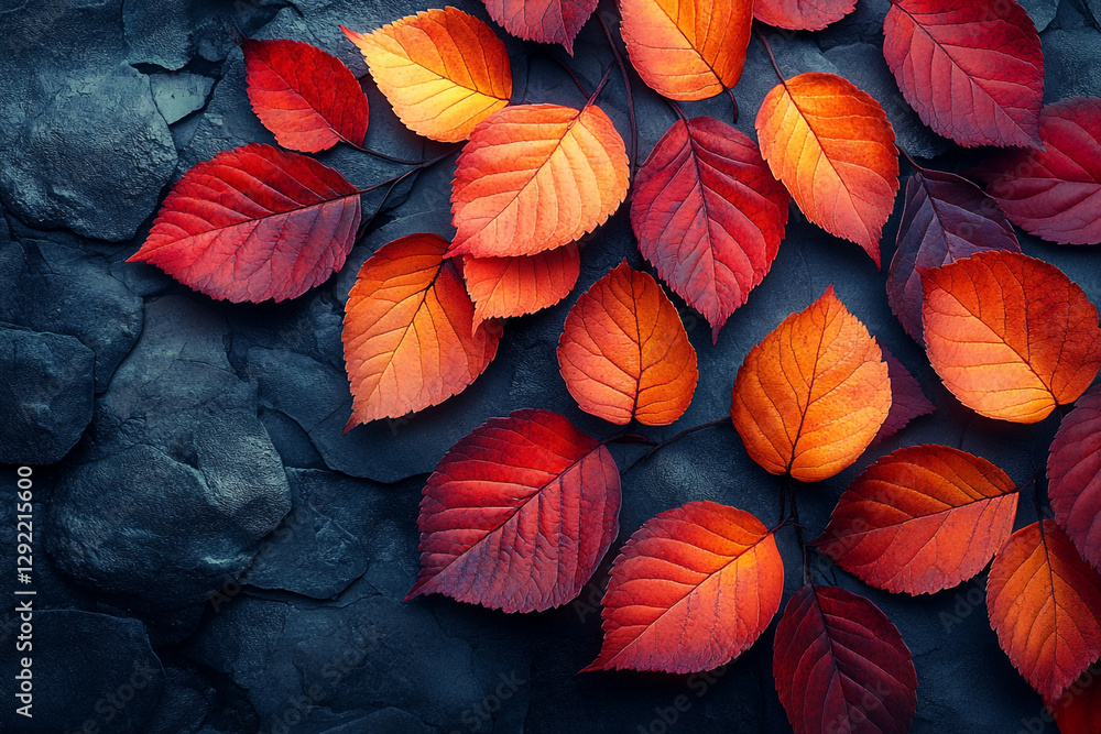Autumnal Serenity, Crimson Leaves on a Bed of Midnight Stone Texture Autumnal Serenity, Crimson Leaves on a Bed of Midnight Stone Texture