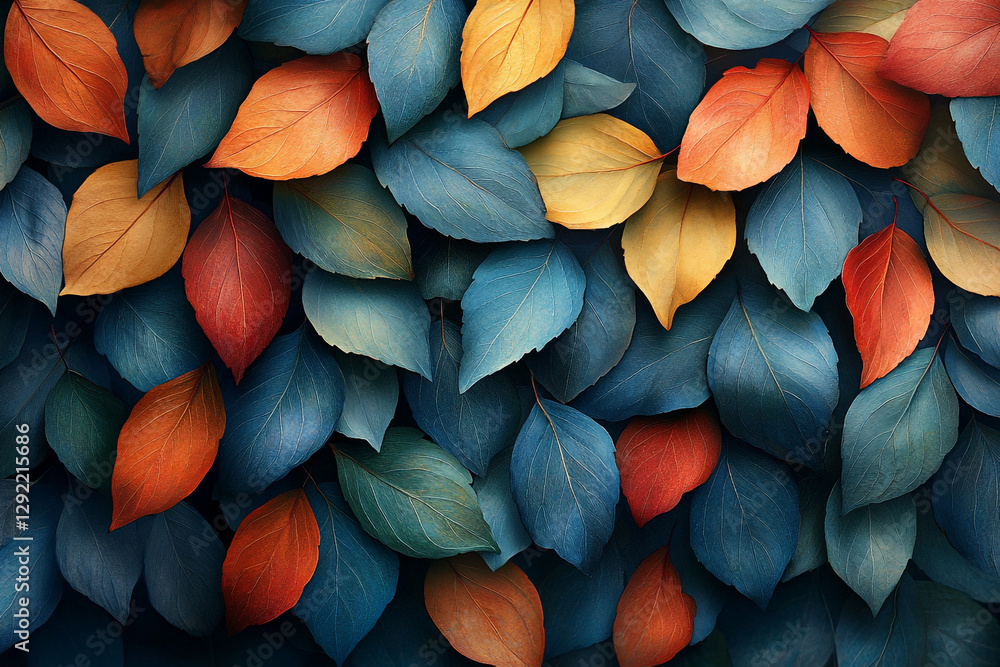 Autumnal Arrangement, A Tapestry of Teal, Amber, and Crimson Leaves Autumnal Arrangement, A Tapestry of Teal, Amber, and Crimson Leaves